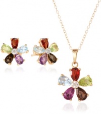 Yellow Gold Plated Sterling Silver Multi-Gemstone Flower Earrings and Pendant Necklace Set, 18