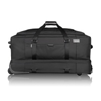 This large wheeled duffle has two interior compartments that are divided by a zip-around curtain. The structured bottom section holds shoes, boots and gear; the roomy main compartment features tie-down straps to hold clothes in place. The dividing curtain can be unzipped to create one large interior section. Exterior pockets for accessories. Telescoping handle and two-wheel system.