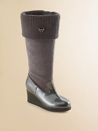 Tall boots artfully combine velvety faux suede, gleaming patent and a sweater-soft foldover knit cuff.Faux leather and faux patent upperRibbed knit cuff with heart charmInside zipperMicrosuede liningPadded insoleRubber composite soleImported