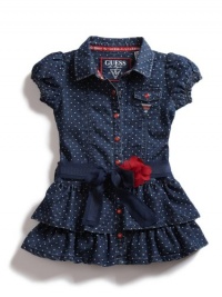 GUESS Kids Girls Shirtwaist Dress with Flower Sash, DARK STONEWASH (5)