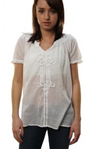 Lucky Brand Women's Short Sleeve Split V-Neck Lace Up Blouse White