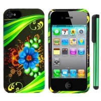 Blue Aqua Flower Green Stripes On Black Premium Design Protector Hard Cover Case Compatible for Apple Iphone 5 (AT&T, VERIZON, SPRINT) + Combination 1 of New Metal Stylus Touch Screen Pen (4 Height, Random Color- Black, Silver, Hot Pink, Green, Light Gre