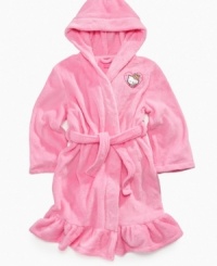 She'll enjoy wrapping herself in this super cute plush robe by Hello Kitty with delicate ruffle hem and soft hood.