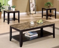 3pc Coffee Table & End Table Set Faux Marble Top Espresso Finish