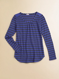 Fresh stripes on cozy waffle knit gets a little extra shaping from soft pleats at the neckline and a gracefully curved hem.Scoop neckline with soft center pleatsSolid shoulder insetsLong sleevesCurved hemPolyester/cotton/micromodalMachine washImported