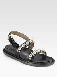 Light-catching rhinestones decorate this suede and grosgrain ribbon silhouette with piercing metal studs. Rubber platform, ¾ (20mm)Suede and grosgrain ribbon upper with rhinestones and metal studsAdjustable strapLeather liningRubber solePadded insoleMade in Italy