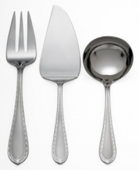 Understated simplicity produces an overall elegant effect in this Powercourt flatware from Waterford. The delicate crisscross pattern around the edge of each handle makes the set subtle enough to look great with virtually any table setting. Made of 18/10 stainless steel. Set includes cold-meat fork, gravy ladle, and pastry server.