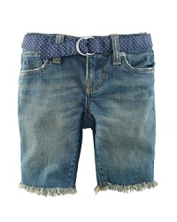 Stylish Bermuda short in durable, washed denim, designed with distressed detailing and a frayed hem.