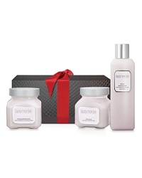 Relax and indulge with Laura Mercier's Fresh Fig Body & Bath Trio, featuring a full-size Crème Body Wash and 6 oz. glass jars of Body Scrub and Soufflé Body Crème. All are in the sweet, intoxicating scent of fresh celeste figs blended with dewy fruit bouquets of apricot nectar and sensuous ylang ylang. Trio includes: • Crème Body Wash, 8 oz. bottle• Body Scrub, 6 oz. glass jar• Soufflé Body Crème, 6 oz. glass jarStart your routine with the Crème Body Wash, a decadent, foaming body wash with natural ingredients that leaves skin feeling clean, silky and completely moisturized. Follow with Body Scrub, a polishing body exfoliator that gently sloughs away dead skin cells leaving radiant, polished skin. Finish with Soufflé Body Crème, an ultra-whipped, scented body crème that provides luxurious, all-day moisture protection without being too heavy or greasy.