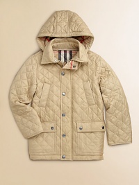 Keeping him cozy on school days and right through the weekend, this easy classic with diamond quilting and a detachable hood offers warmth without bulk so it won't ever get in his way.Snap-off hood with check liningSpread collarFront zip close under snap placketLong sleevesAngled welt chest pocketsFront snap-flap patch pocketsFully linedNylonMachine washImported Please note: Number of snaps may vary depending on size ordered. 