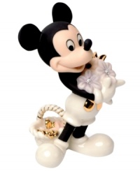 See the softer side of Mickey Mouse. With an armful of pastel blooms and brilliant gold-buttoned shorts, Disney's mouse with the most is quite the charmer in Lenox fine china.