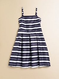 She'll be the belle of the ball in this flouncy, frilly, striped frock.SquareneckSpaghetti strapsHidden back zipperPleated, full skirtPolyester shantungMachine wash; dry flatImported