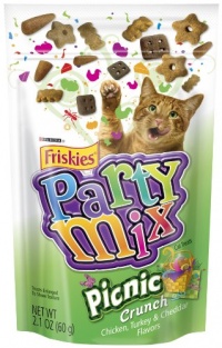 Friskies Party Mix, Picnic Crunch Cat Treats, Chicken, Turkey & Cheddar Flavors, 2.1-Ounce Pouches (Pack of 10)