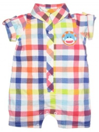 Baby Boy Plaid Sock Monkey One Piece Romper with Rear Monkey Applique by Baby Starters - Multi-colored - 0-3 Mths / 8-12 Lbs