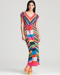 This Nanette Lepore dress is straight up fabulous--flaunting vivid variegated stripes on a shapely maxi silhouette. Flutter sleeves are feminine and carefree, finishing the look with a summer-perfect vibe.