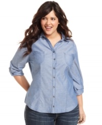 Top off your casual look with Belle Du Jour's chambray plus size shirt.