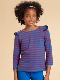 Both sporty and playful, this striped tee features charming buttons and pretty ruffles.BoatneckBack button closureThree-quarter sleevesButton and ruffle details at shouldersCottonMachine washImported