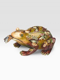 This delightfully mottled enamel frog, with Swarovski crystal accents, has a handy measuring tape where his tongue ought to be. Brass-plated pewter with handcrafted enamel and crystal 2W X 1¼H X 2¾L Made in USA