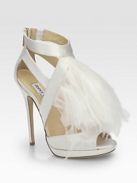 Make an entrance with this flirty satin silhouette defined by mesh cutouts and luxe Marabou ostrich feathers. Self-covered heel, 5½ (140mm)Covered platform, ½ (15mm)Compares to a 5 heel (125mm)Satin and mesh upper with dyed Marabou ostrich feathersBack zipLeather lining and solePadded insoleMade in Italy