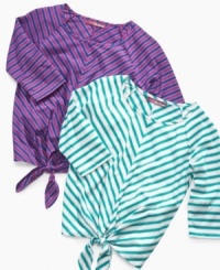 Freshen up her wardrobe with this bright striped shirt from Epic Threads that features a cute tie front detail.