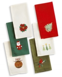 Set a place for St. Nick! Cotton twill napkins embroidered with a jolly Santa, Christmas trees, cardinals and more put the festive finishing touches on tables for twelve.