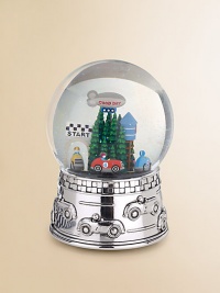 Cars revolve around a speedway beneath a flurry of shimmering glitter in this thoughtful keepsake piece for any child. Plays The Star Spandled Banner Silverplated metal/glass About 6½ high Wipe clean Imported 