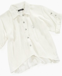 This mixed-fabric chiffon shirt from Baby Phat gets a jewel-button front and roll-tab details for a look that's sweet and simple. (Clearance)