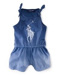 A sweet sleeveless romper in soft cotton jersey is truly adorable in an ombré hue accented with a printed polo pony.