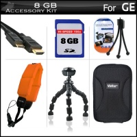 8GB Accessories Kit For GE Active DV1-GG, DV1-AB, DV1-CO, DV1-LG, DV1-LG, Waterproof/Shockproof 1080P Pocket Video Camera Includes 8GB High Speed SD Memory Card + Mini HDMI Cable + Hard Case + FLOAT STRAP + 7 Flexible Tripod + More