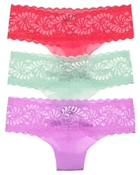 A delicate floral lace semi-sheer thong made from microfiber mesh.