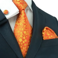 Landisun 661 Bright Orange Floral Pattern Mens Silk Tie Set: Tie+Hanky+Cufflinks