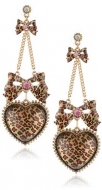 Betsey Johnson Leopard Heart and Bow Chandelier Earrings