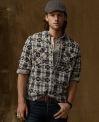 A border-print shirt uniquely uses an ornate floral pattern over a plaid motif for an intricate and individual look.