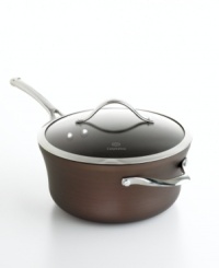 Just right. The perfect kitchen companion, this elegant bronze piece features multiple layers of nonstick technology, a hard-anodized construction and stay-cool handles for an unrivaled combination of professional performance and everyday ease. Your go-to for simmering sauces, heating soups and preparing truly delectable dishes. Lifetime warranty.