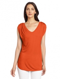 Two by Vince Camuto Women's V Neck Tee with Gathered Sleeves, Rich Brick, Medium