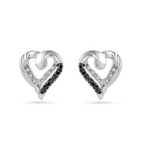 Platinum Plated Sterling Silver Black and White Round Diamond Heart Earrings (1/10 CTTW)