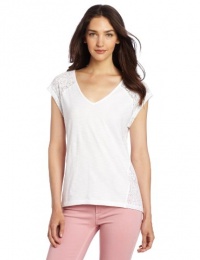 Two by Vince Camuto Women's Slub Tee With Lace Sides, Ultra White, Medium