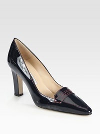 Classic patent leather loafer updated by the designer's signature point toe silhouette and substantial heel. Self-covered heel, 3½ (90mm)Patent leather upperLeather lining and solePadded insoleMade in ItalyOUR FIT MODEL RECOMMENDS ordering true size. 