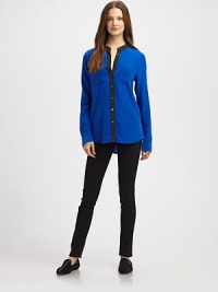 EXCLUSIVELY AT SAKS. Contrast trim, patch pockets and a menswear-inspired silhouette revive this collarless silk go-to. RoundneckLong sleeves with buttoned cuffsButton frontFront patch pocketsLonger length hits below the hipsSilkDry cleanImportedModel shown is 5'10 (177cm) wearing US size Small.