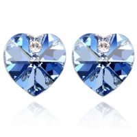 Crystal Heart 18k Gold Plated Heart Shaped Swarovski Crystal Stud Earrings - Aquamarine Blue