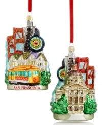 Spend Christmas by the bay with Kurt Adler's San Francisco Cityscape ornament, featuring the Golden Gate Bridge, Painted Ladies and more must-see places in sparkling glass. Shown front and back.