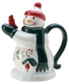 Warm up with a snowman teapot and a splash of holiday whimsy. With classic holly detail, it makes a festive addition to Pfaltzgraff Winterberry dinnerware – and a charming gift!