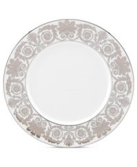 Fine dining will flourish with the Artemis accent plate from Lenox. A rich floral pattern and wide bands of sumptuous platinum in white bone china embody classic elegance.