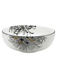 Bold florals inspired by 19th century Japanese textiles spring from the Chrysanthemum serving bowl of this set of striking, graphic and stylish dinnerware. The dishes feature a bouquet of cream, charcoal and gold on everyday fine china that offers the cool, modern look and unparalleled durability of Denby.