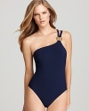 Keep it sophisticated poolside in this chic Tory Burch maillot swimsuit, with a distinctive single strap and signature logo hardware.