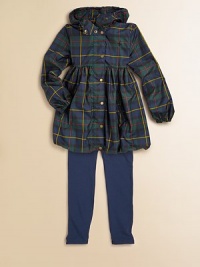 A preppy Tartan plaid raincoat is smartly designed with an attached hood for extra protection from the elements.Attached hood at mockneck collarLong sleevesFull snap-frontGathered empire waistZip slant welt pocketsBubble hemFully linedPolyesterMachine washImported Please note: Number of snaps may vary depending on size ordered. 