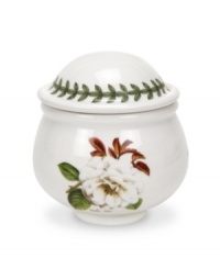 A garden party delight. This covered sugar bowl is perfect for indoor and outdoor entertaining. Graced with an artful rose motif. Conveniently holds 9 ounces of sugar or sugar cubes.