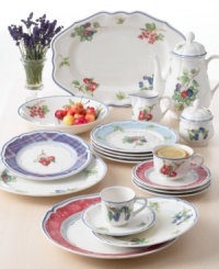 Color every meal delicious with Villeroy & Boch's Cottage Inn dinner plates. Lush, dancing clusters of ripened blueberries, raspberries and cherries are a stunning contrast on creamy white porcelain and lend every meal a touch of traditional elegance.