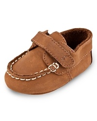 A comfy starter deck shoe from Ralph Lauren. Moc toe with heavy topstitching and easy on/off strap closure at the ankle.