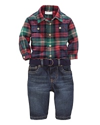 Rendered in touchably soft cotton, a classic jean and rugged plaid button-down exude timeless charm.